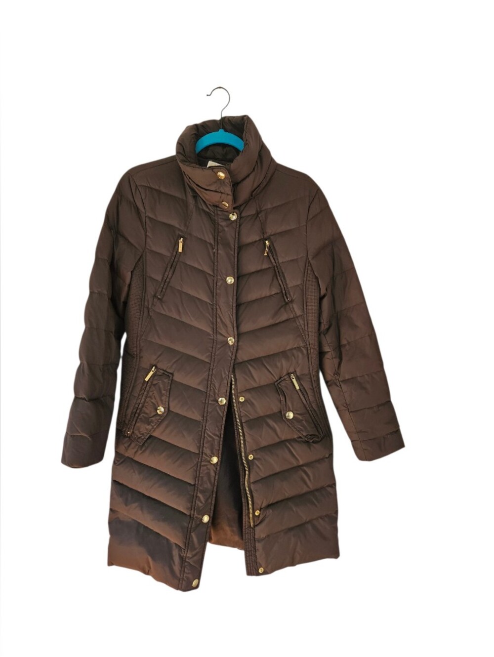 Michael Kors Brown Quilted Long Puffer Coat with Gold Hardware